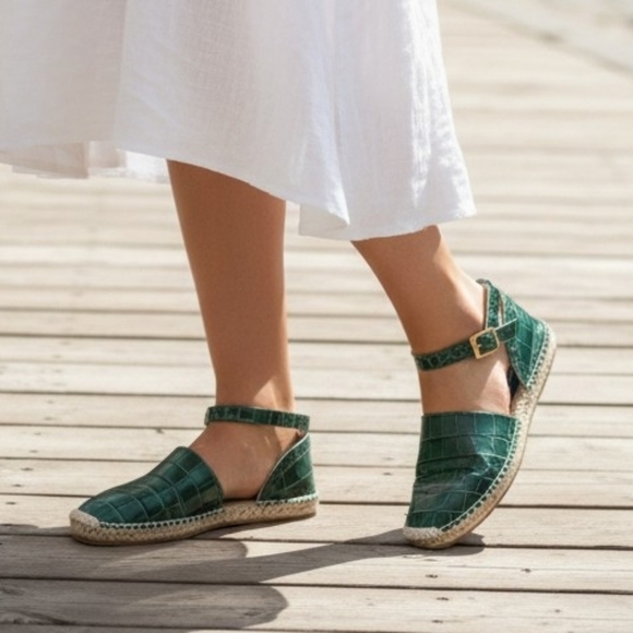 Equitare Shoes - EQUITARE Leather Green Croc Embossed Espadrille Wedges Ankle Strap Sandals